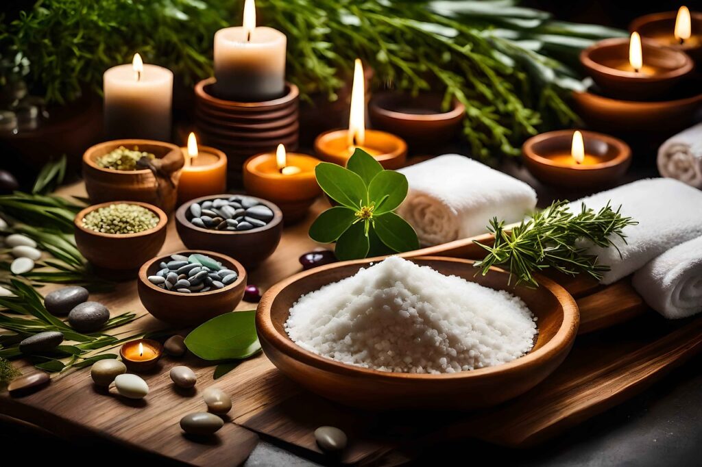 candles and ingredients Ingredients, cnadles, herbs in bowls